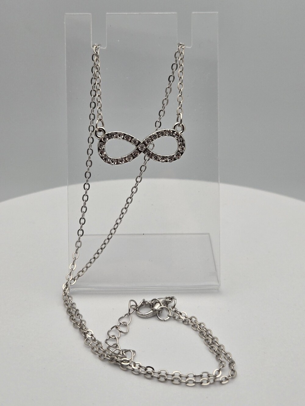 Infinity Necklace Silver Tone Rhinestone Diamond Accent Pendant 17” + Ext New